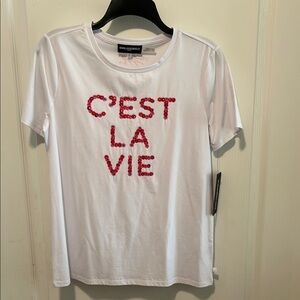 NWT Karl Lagerfeld White Tee with Pink EMBROIDERED, Embellished T-shirt